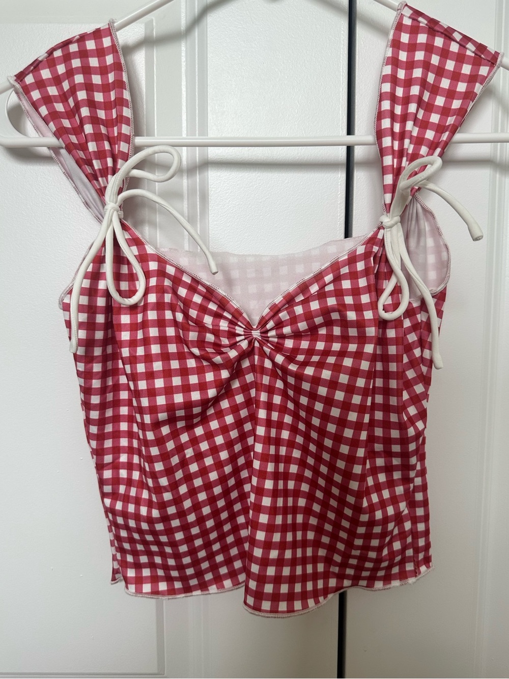 Red gingham bow tied straps tank top
